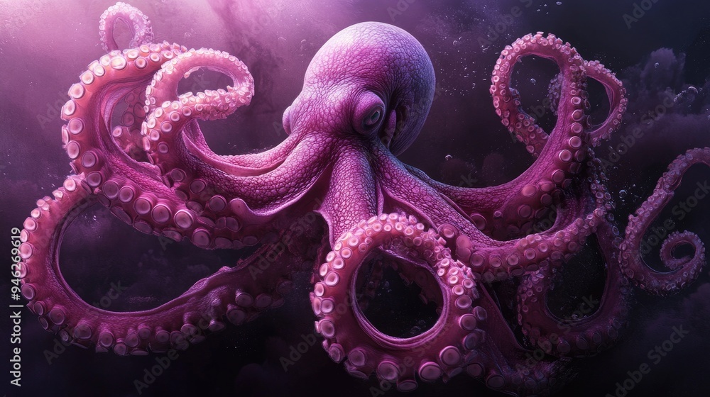 Obraz premium A pink octopus with tentacles that morph into different shapes, creating a surreal scene.