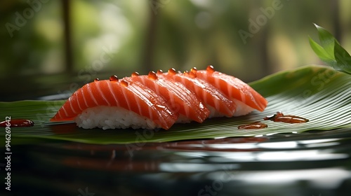 Sashimi On Bamboo Leaf With Soy Sauce Ripples Zen Inspired Japanese Food Photography photo