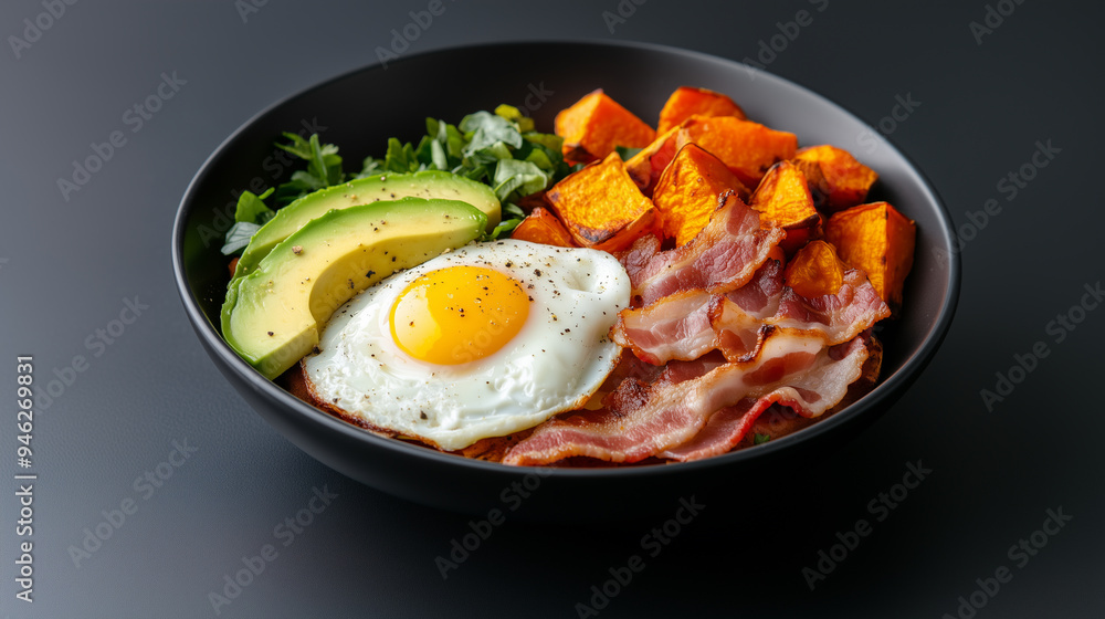 breakfast bowl with scrambled eggs, crispy bacon, roasted sweet potatoes and avocado slices breakfast bowl with scrambled eggs, crispy bacon, roasted sweet potatoes and avocado slices