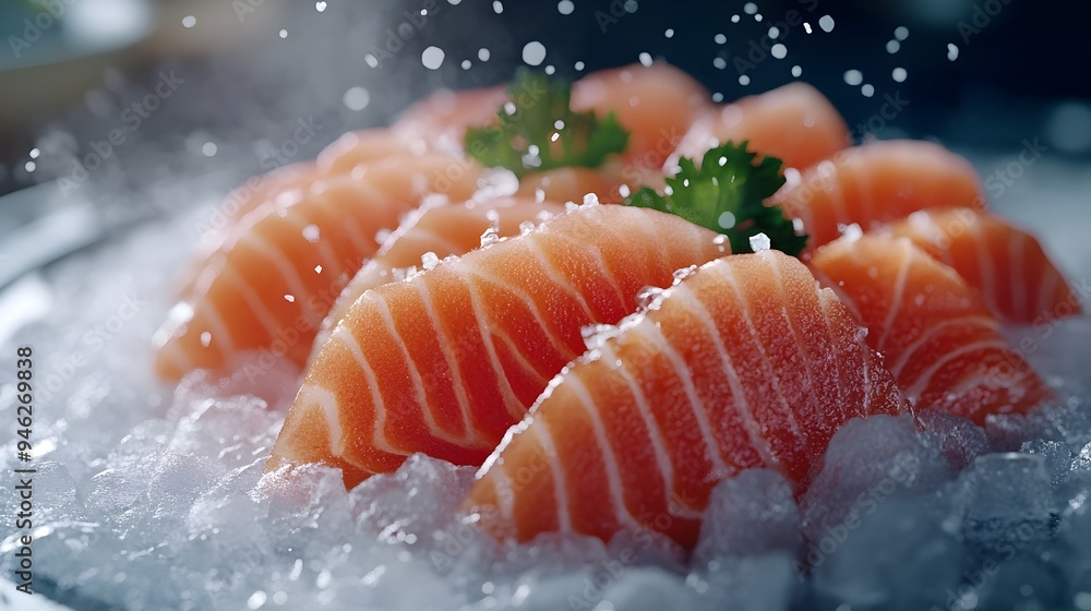 Exquisite Sashimi Slices with Sea Salt on a Bed of Crushed Ice Highlighting Luxury Japanese Cuisine Exquisite Sashimi Slices with Sea Salt on a Bed of Crushed Ice Highlighting Luxury Japanese Cuisine