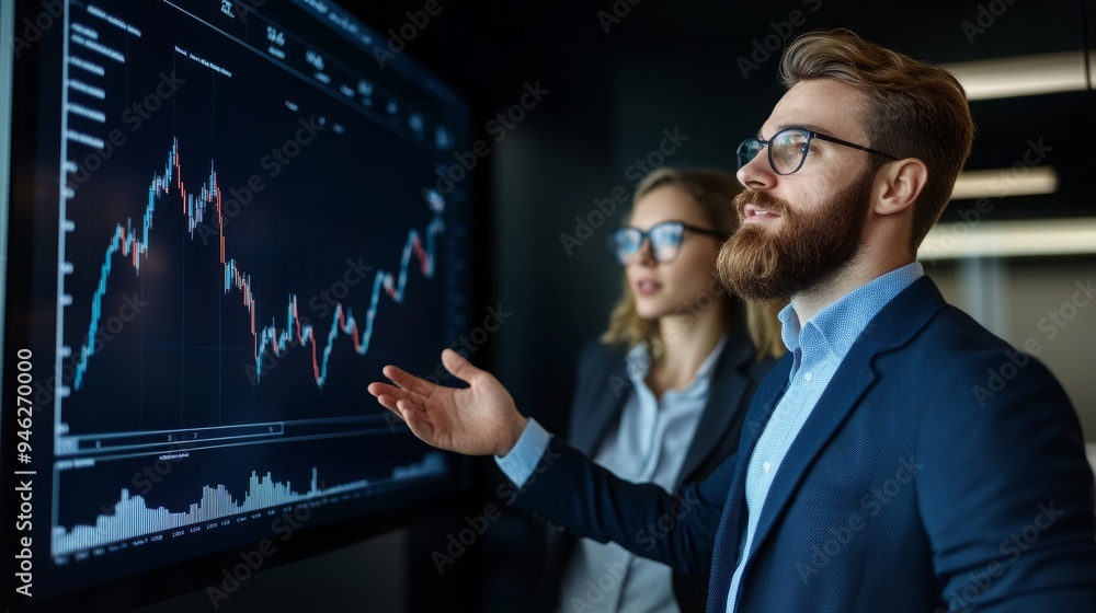 Financial Analysts Debate Stock Market Changes, Reviewing Data on Large Wall Display, Strategic Planning Financial Analysts Debate Stock Market Changes, Reviewing Data on Large Wall Display, Strategic Planning