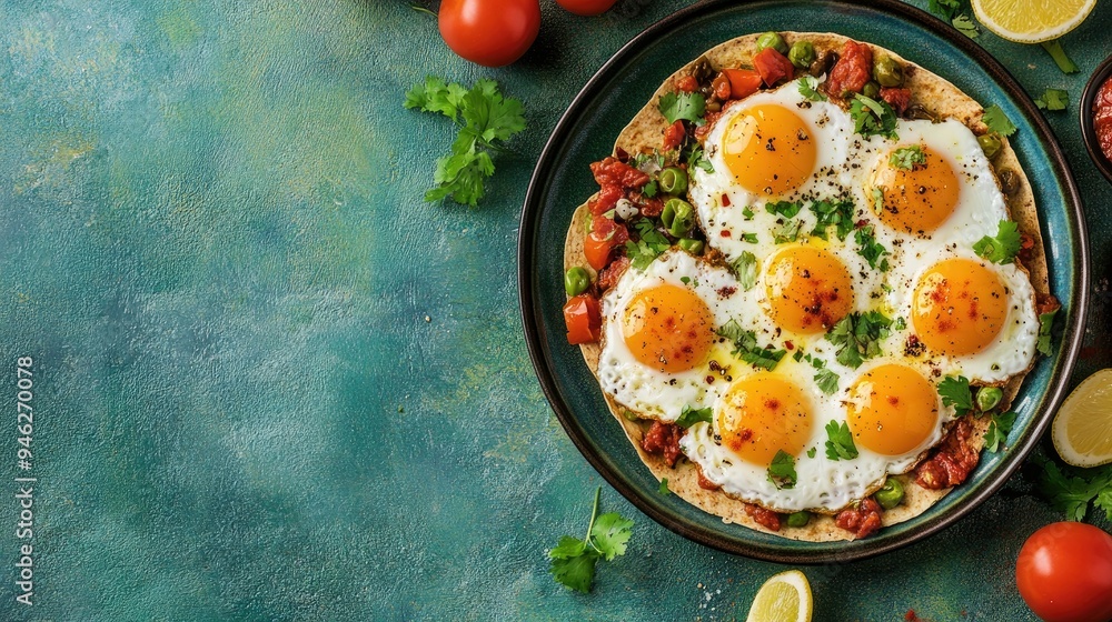 Flat lay of a plate of huevos divorciados, vibrant colors, space for copy Flat lay of a plate of huevos divorciados, vibrant colors, space for copy