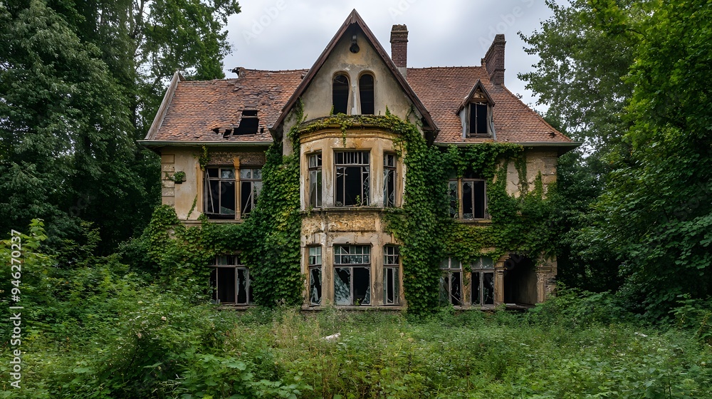 2. An abandoned mansion with broken windows and overgrown ivy 2. An abandoned mansion with broken windows and overgrown ivy