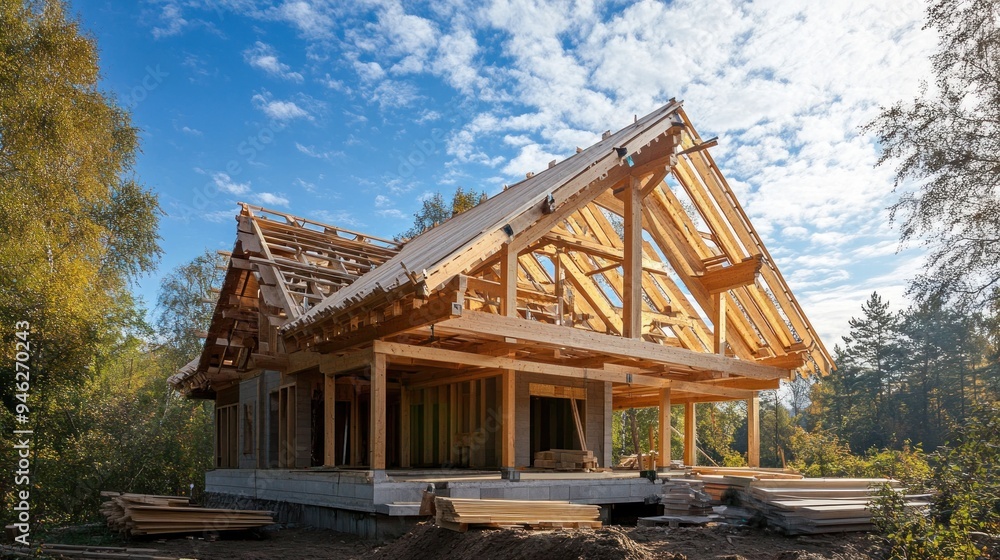 Fototapeta premium Wooden Frame House Under Construction in a Forest Setting