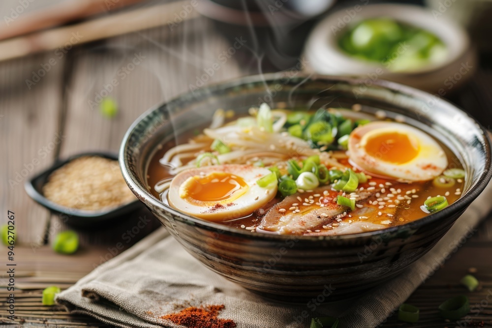 A steaming bowl of ramen with pork belly, soft-boiled egg, and green onions, served in a traditional Japanese bowl. Copy space for text A steaming bowl of ramen with pork belly, soft-boiled egg, and green onions, served in a traditional Japanese bowl. Copy space for text