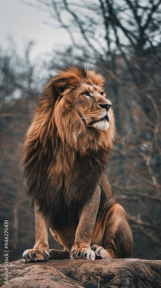 Naklejka premium Majestic lion perched on a rock in a serene forest setting during early morning light