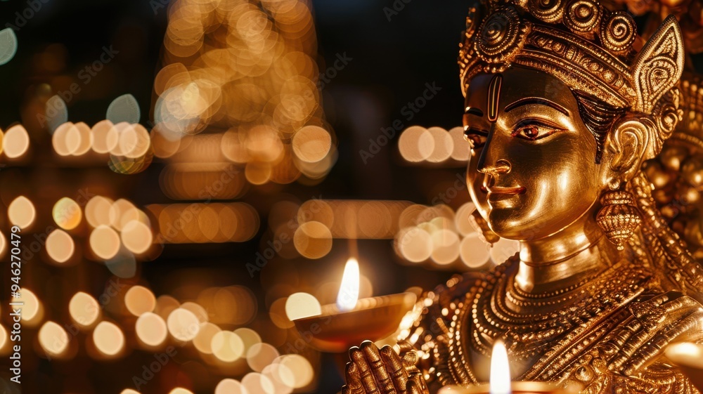 Fototapeta premium Golden Hindu Deity Statue with Glowing Diyas and Bokeh Lights.