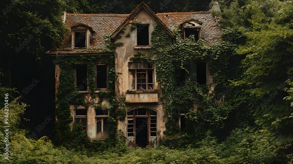 2. An abandoned mansion with broken windows and overgrown ivy 2. An abandoned mansion with broken windows and overgrown ivy