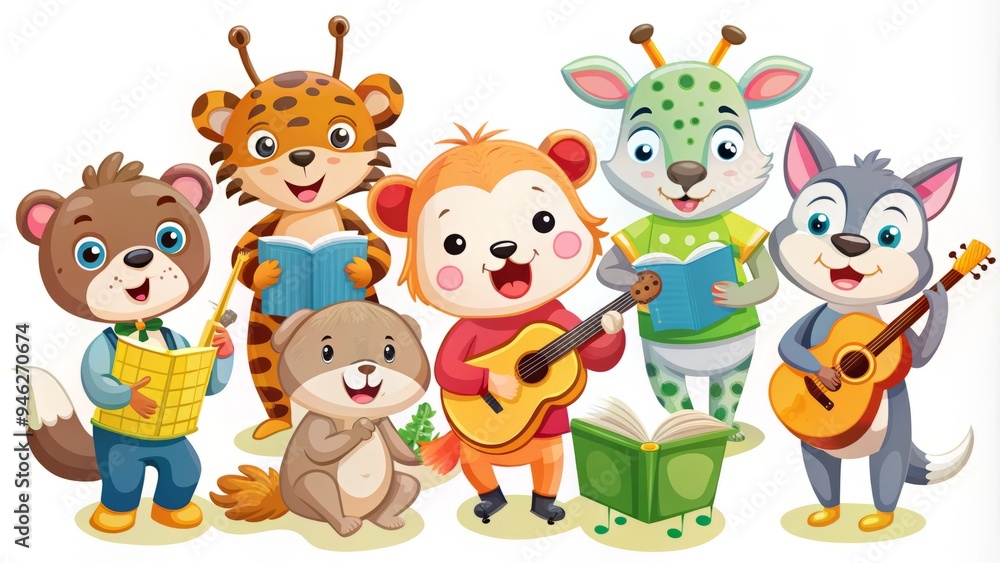 Adorable smiling cartoon animals engage in various fun activities, such as reading, painting, and playing musical instruments, in colorful whimsical vector illustrations. Adorable smiling cartoon animals engage in various fun activities, such as reading, painting, and playing musical instruments, in colorful whimsical vector illustrations.
