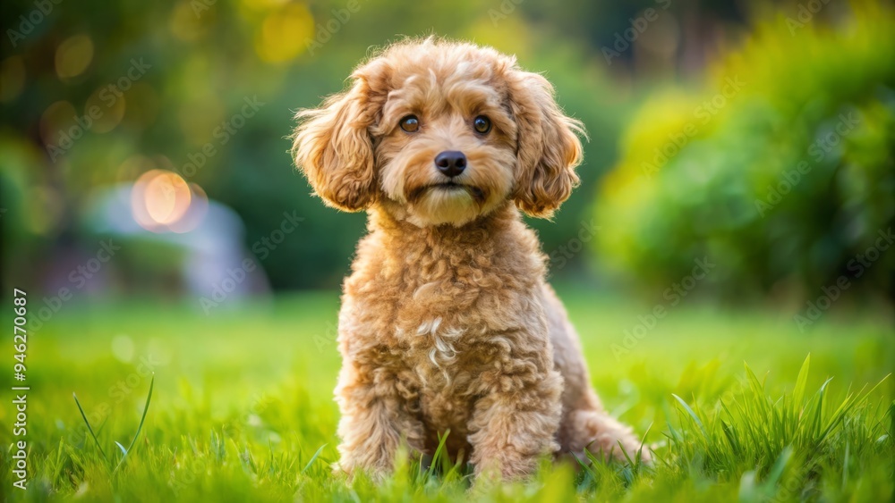 Adorable small-sized dog with curly brown coat and floppy ears, wagging tail, and big brown eyes, sitting on a green grass lawn outdoors. Adorable small-sized dog with curly brown coat and floppy ears, wagging tail, and big brown eyes, sitting on a green grass lawn outdoors.