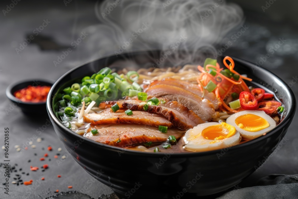 A steaming bowl of ramen with sliced pork, soft-boiled egg, and fresh vegetables A steaming bowl of ramen with sliced pork, soft-boiled egg, and fresh vegetables