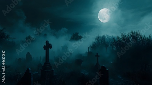 5. A haunted graveyard under a full moon with mist swirling around