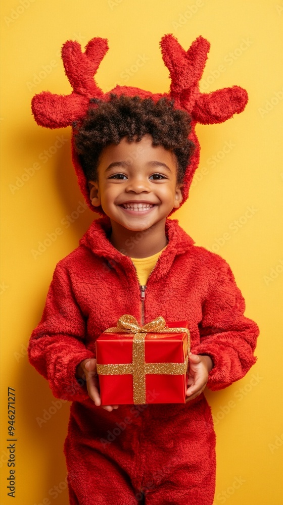 Joyful child in festive red reindeer costume holds wrapped gift, beaming with excitement against vibrant yellow background. Holiday cheer personified. Joyful child in festive red reindeer costume holds wrapped gift, beaming with excitement against vibrant yellow background. Holiday cheer personified.