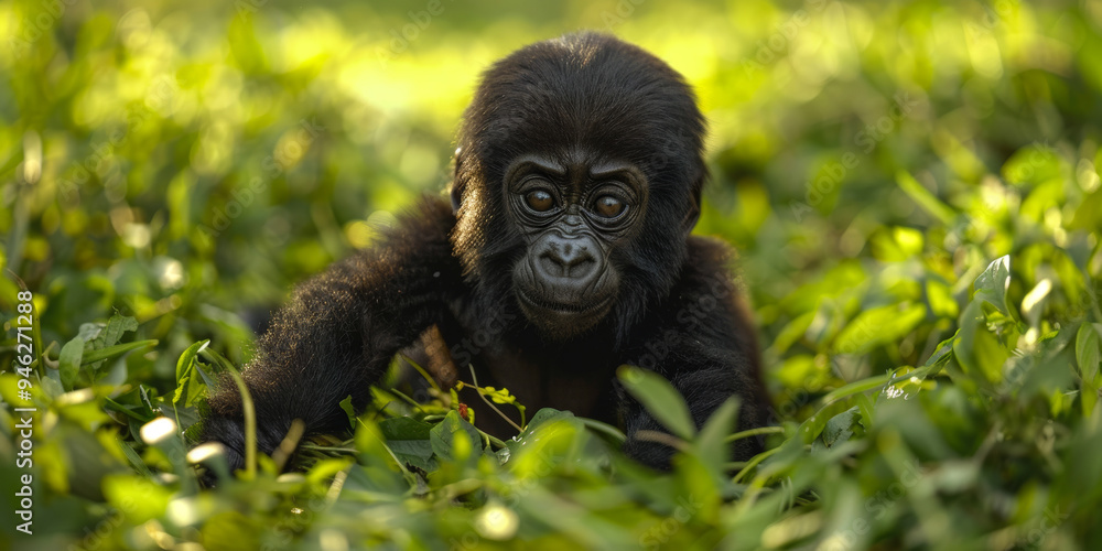 A young gorilla exploring the lush greenery in its natural habitat during a sunny afternoon A young gorilla exploring the lush greenery in its natural habitat during a sunny afternoon