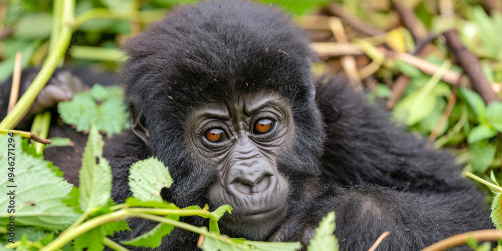 Young gorilla resting among green foliage in a lush jungle environment during daylight hours Young gorilla resting among green foliage in a lush jungle environment during daylight hours