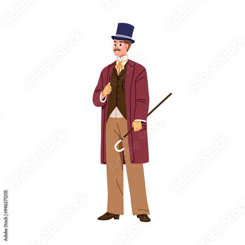 Victorian style gentleman in 19th century fashion outfit. Elegant British aristocrat in top hat, coat and cane. Noble man in vintage clothing. Flat vector illustration isolated on white background