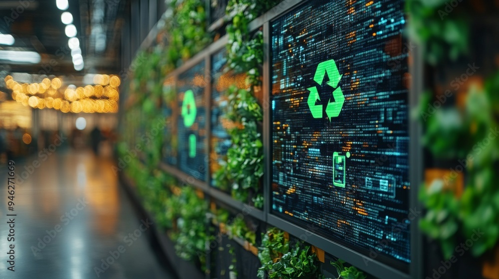 Obraz premium A high-tech holographic interface displays environmental monitoring data, surrounded by lush greenery in a contemporary office setting.