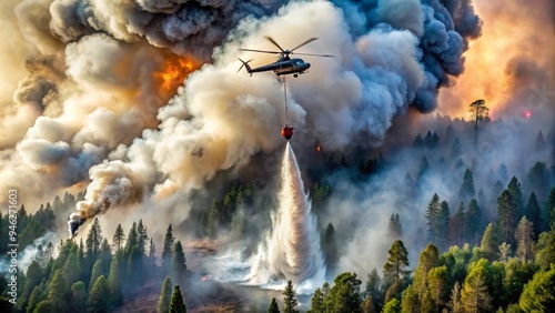 Aerial view of a helicopter dropping water bombs over a raging forest fire, dispersing a massive plume of smoke and steam amidst a backdrop of charred trees. photo