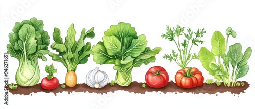 Organic vegetable garden bursting with vibrant greens, fresh tomatoes and crisp lettuce in a colorful watercolor cartoon style