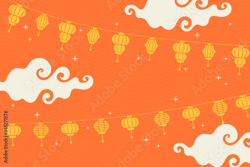Chinese festival banner with copy space, with paper lantern, clouds, stars, flat style illustration, colorful background, horisontal template, asian culture