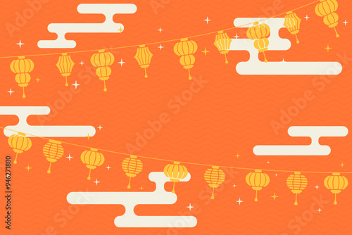 Chinese festival banner with copy space, with paper lantern, clouds, stars, flat style illustration, colorful background, horisontal template, asian culture