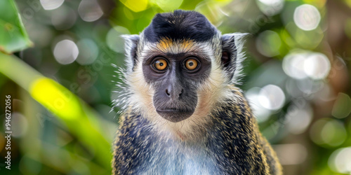 A curious monkey gazes intently amidst lush greenery in a wildlife sanctuary during the daytime