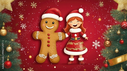 A red background with a gingerbread man and woman standing in front of a Christmas tree.