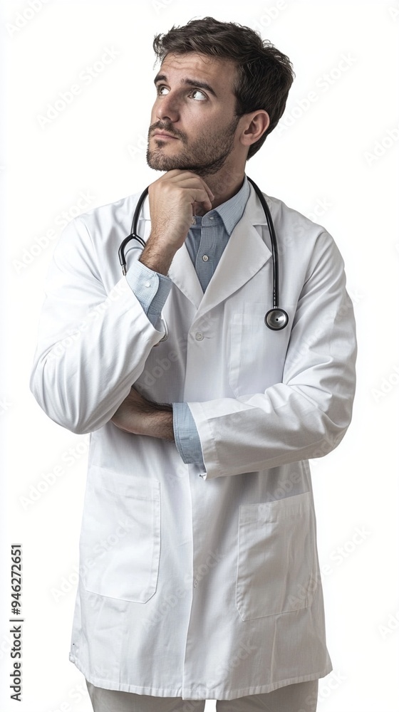 Contemplative healthcare professional in white coat gazes upward, hand on chin, embodying thoughtful medical expertise and dedication to patient care. Contemplative healthcare professional in white coat gazes upward, hand on chin, embodying thoughtful medical expertise and dedication to patient care.