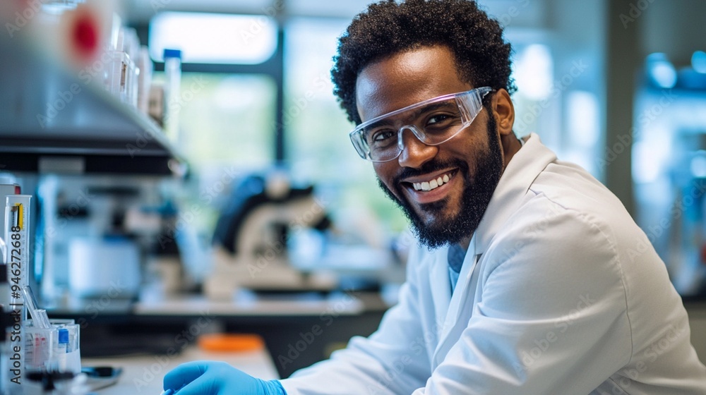 Confident scientist in laboratory setting smiles brightly, showcasing diversity in STEM fields. His protective eyewear and white coat indicate ongoing research or experiments. Confident scientist in laboratory setting smiles brightly, showcasing diversity in STEM fields. His protective eyewear and white coat indicate ongoing research or experiments.