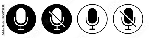 Mic Button Vector Icon set, Microphone symbol, Mute Button, Voice message graphic elements, Social media and App interface Clip art, Black Modern Isolate icon for Phone call, Vector Stock (Editable)
