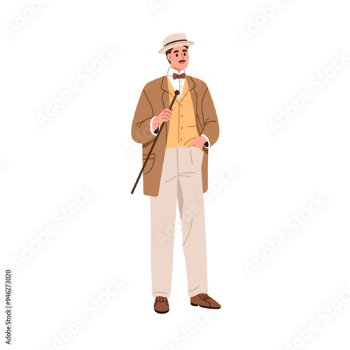 Gentleman in 20th century vintage fashion attire. Elegant man dressed in classic suit with boater hat, cane. Historical retro style clothing. Flat vector illustration isolated on white background