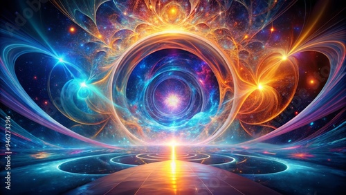 A futuristic, abstract representation of potentiality, featuring vibrant, swirling shapes and lines converging to form a glowing, ethereal portal, symbolizing limitless possibilities