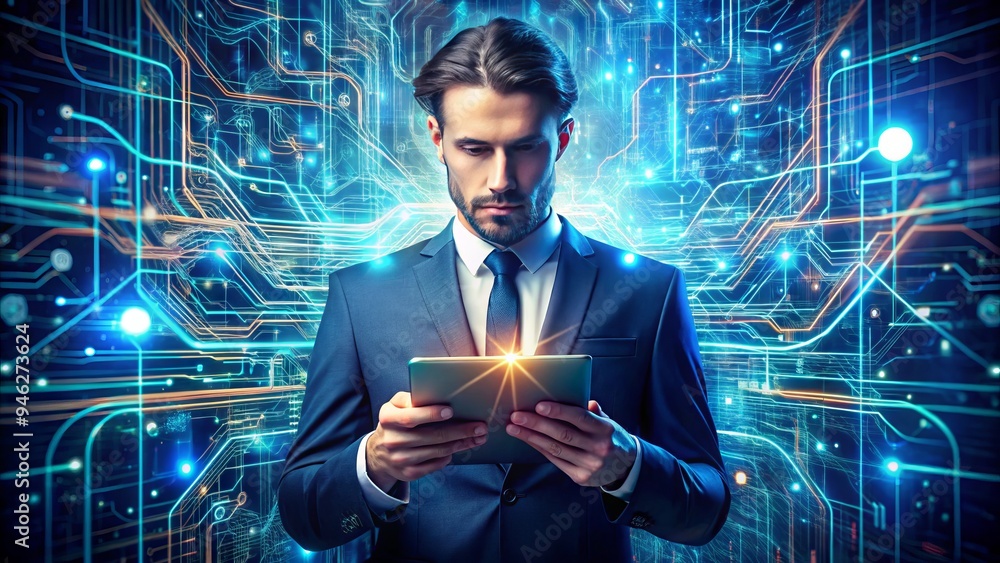A futuristic entrepreneur surrounded by swirling circuits, motherboards, and wires, holding a glowing tablet, symbolizing the intersection of technology and innovation in modern society. A futuristic entrepreneur surrounded by swirling circuits, motherboards, and wires, holding a glowing tablet, symbolizing the intersection of technology and innovation in modern society.