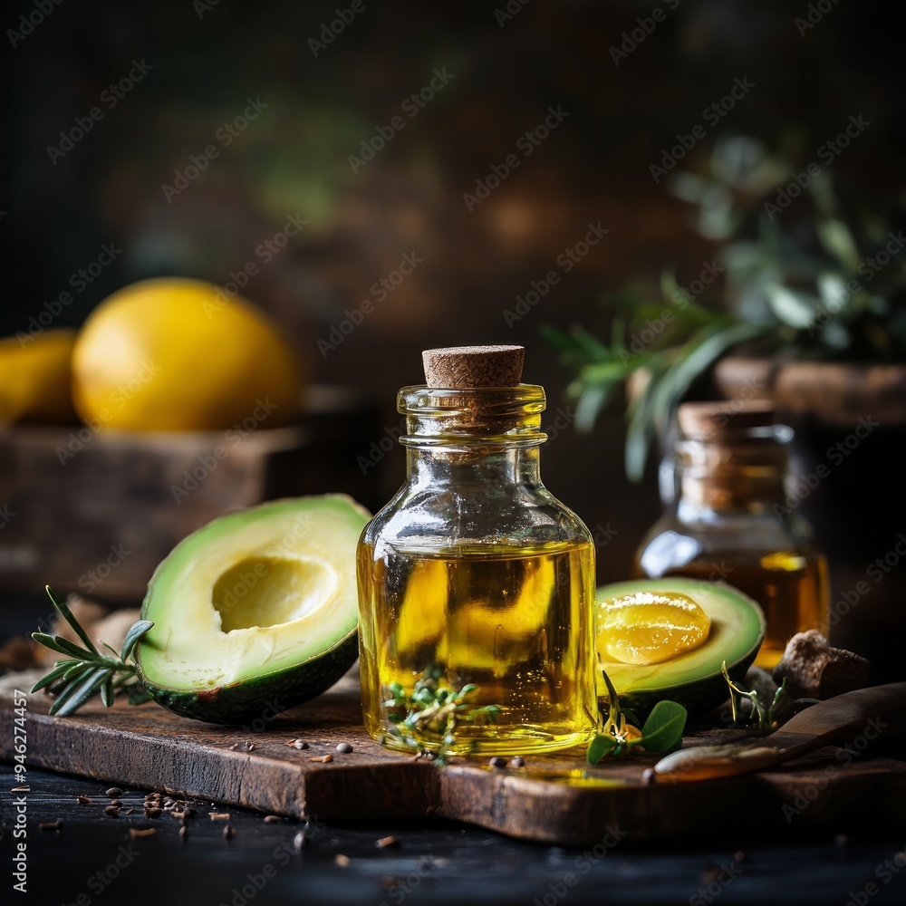 Healthy food concept. Fresh organic avocado oil with honey on table Healthy food concept. Fresh organic avocado oil with honey on table