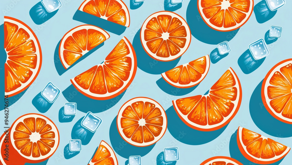 Slices of juicy orange and ice cubes on light blue background, flat lay Slices of juicy orange and ice cubes on light blue background, flat lay