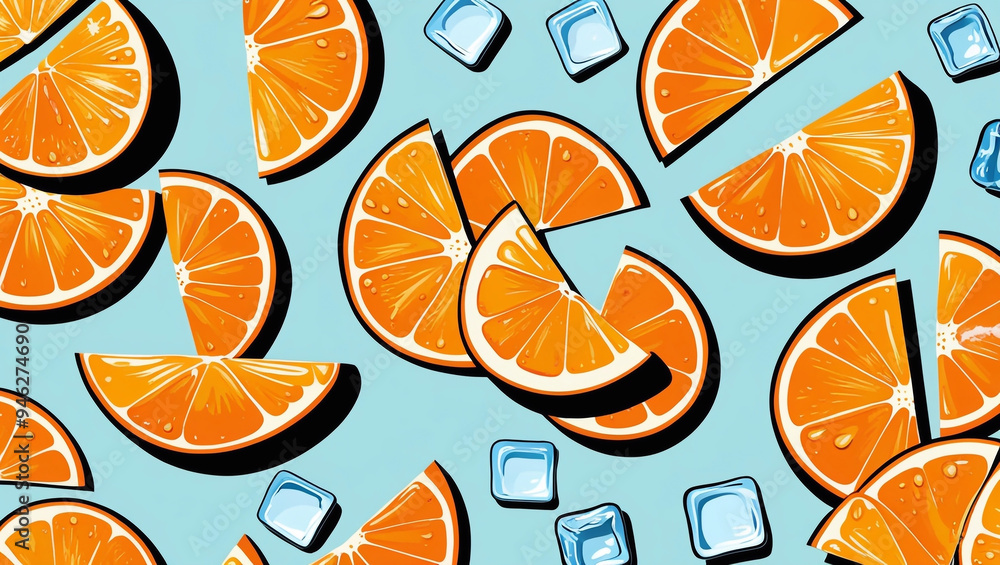 Slices of juicy orange and ice cubes on light blue background, flat lay Slices of juicy orange and ice cubes on light blue background, flat lay