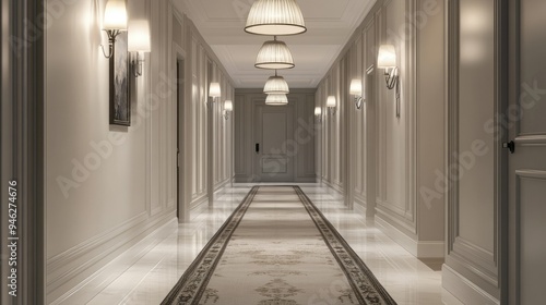 Hallway with a runner rug and pendant lights  elegant atmosphere  space for text