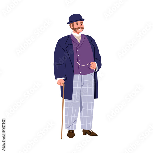 Gentleman in 19th and 20th century fashion outfit. Elegant aristocrat in classic suit with bowler hat and cane. Historical vintage clothing. Flat vector illustration isolated on white background