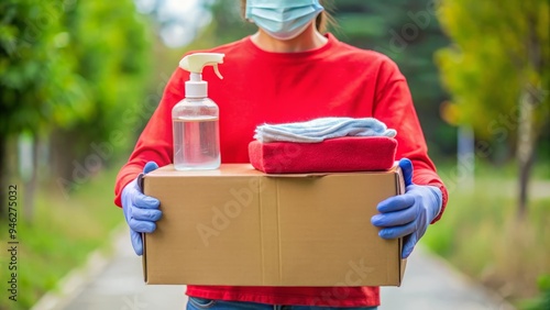 A gloved hand holds a red donation box with a face mask and hand sanitizer beside it, promoting charitable giving during the pandemic. photo