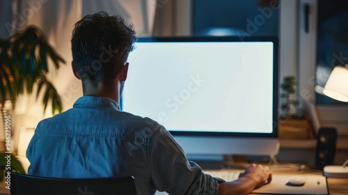 Over shoulder shot of a young man using computer in front of an blank white computer screen in home. 