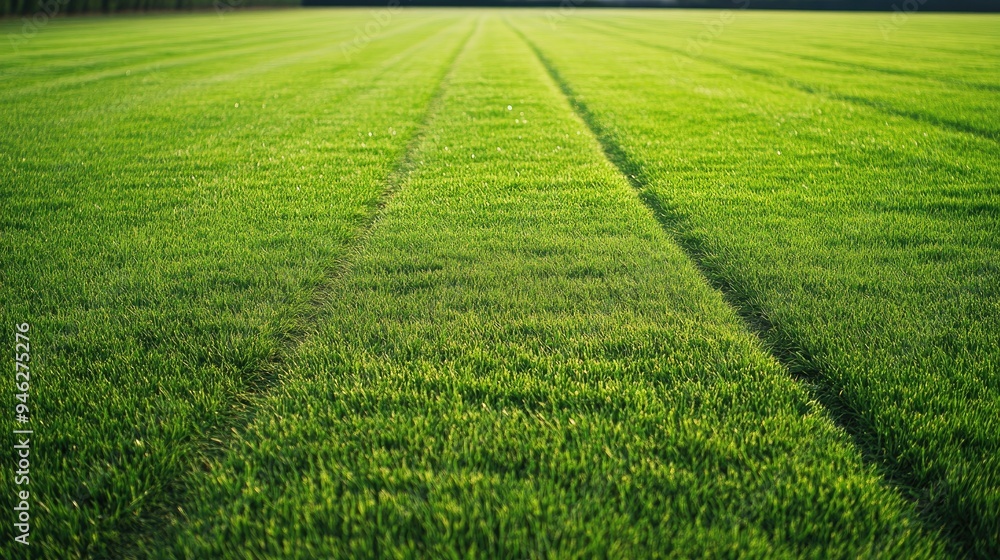 Fototapeta premium Lush green grass track, no runners, freshly marked, ample space for copy