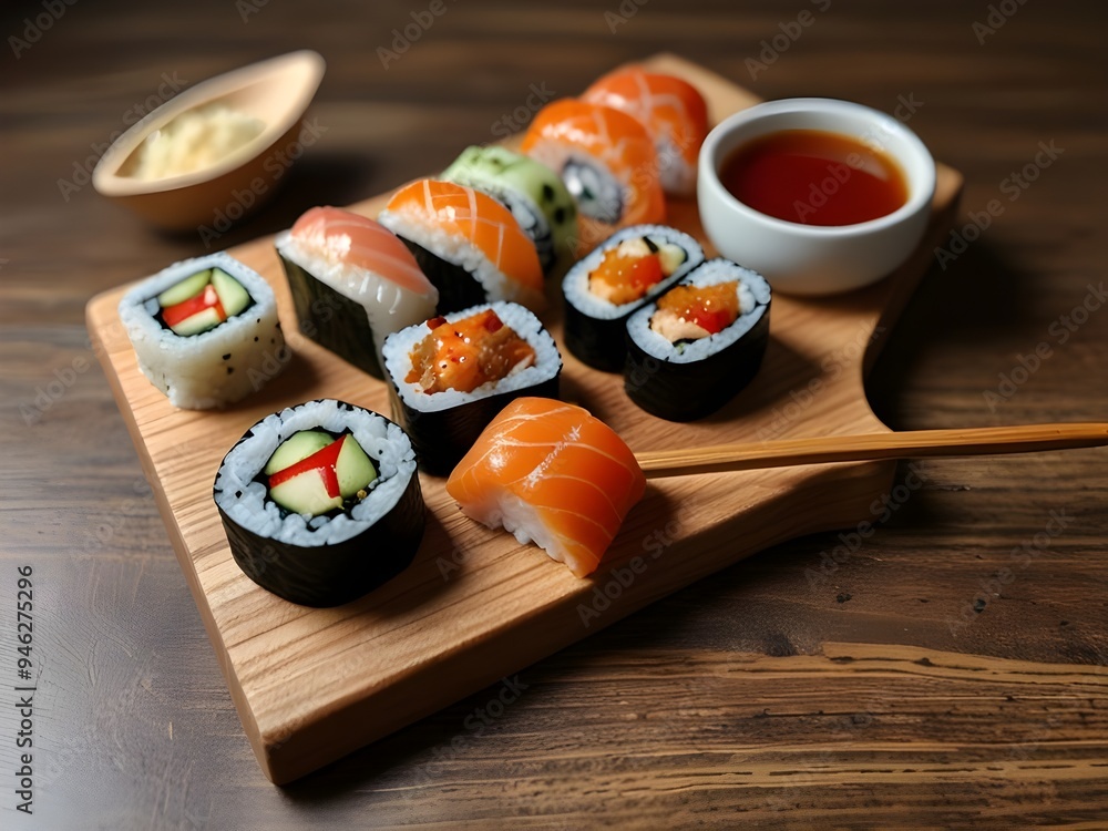 There are many sushi on a wooden board with a small bowl of sauce generative ai There are many sushi on a wooden board with a small bowl of sauce generative ai