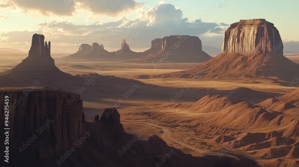 Naklejka premium Majestic view of Monument Valley, iconic rock formations, wide open space for text