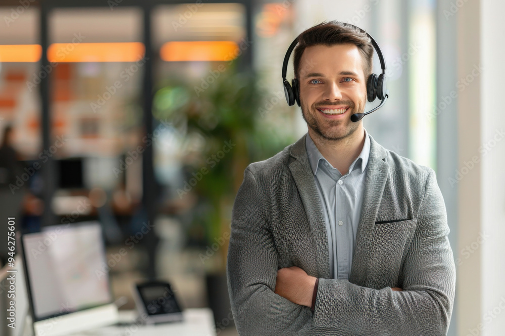 Portrait, call center and arms crossed consultant standing in his office for support. Customer service, contact us and trust with a happy male telemarketing employee in the office Portrait, call center and arms crossed consultant standing in his office for support. Customer service, contact us and trust with a happy male telemarketing employee in the office
