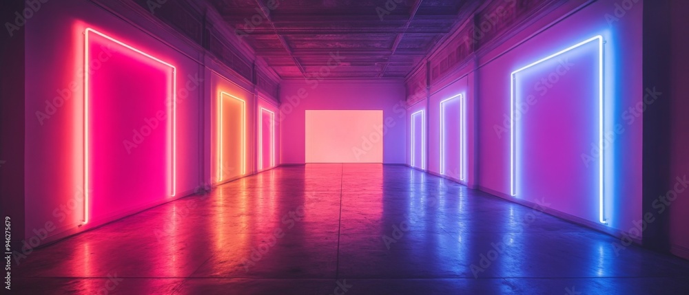 A vibrant corridor featuring glowing neon lights in various colors, creating a modern and artistic atmosphere. A vibrant corridor featuring glowing neon lights in various colors, creating a modern and artistic atmosphere.