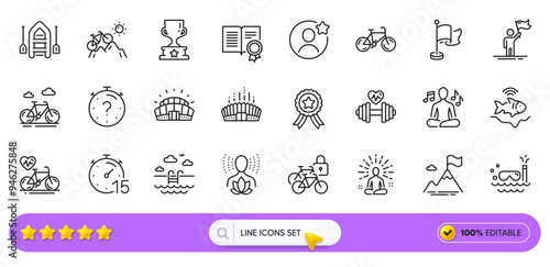 Mountain bike, Bicycle and Sports stadium line icons for web app. Pack of Yoga, Diploma, Swimming pool pictogram icons. Flag, Best friend, Bike signs. Boat, Leadership, Mountain flag. Vector