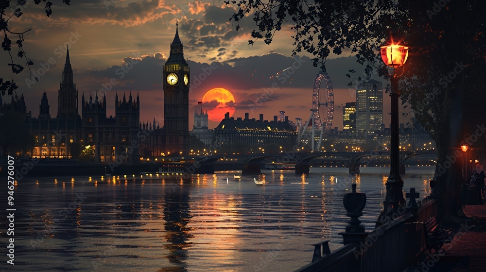 Fototapeta premium A serene sunset view over the Thames, featuring iconic London landmarks.