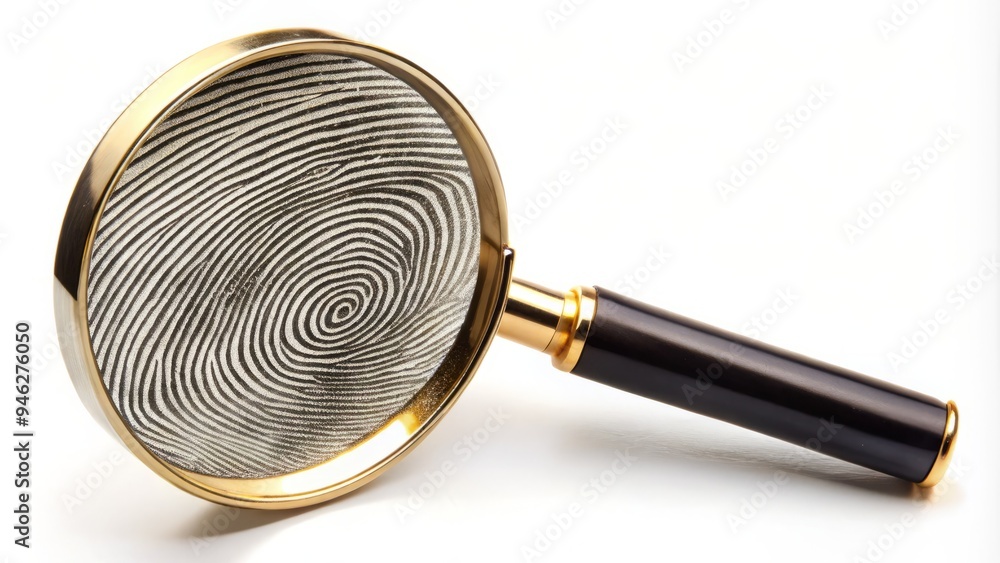 A highly magnified fingerprint on a white background is examined with a classic magnifying glass, revealing intricate details and whorls of an individual's unique print. A highly magnified fingerprint on a white background is examined with a classic magnifying glass, revealing intricate details and whorls of an individual's unique print.