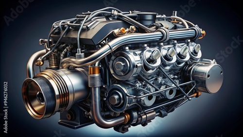 A high-performance gasoline engine with gleaming metal components and intricate wiring stands out against a blurred, dark grey background with subtle mechanical textures. photo