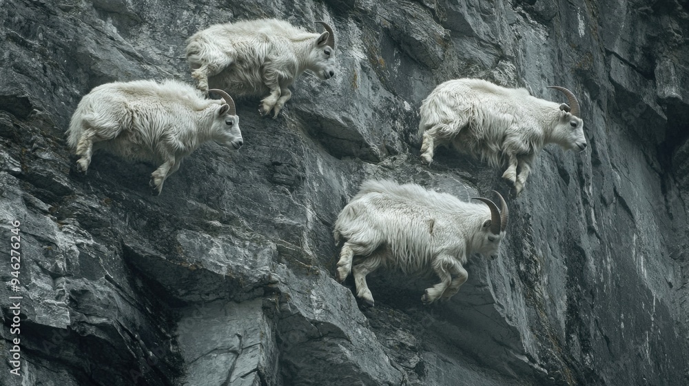 Fototapeta premium Four Mountain Goats Clinging To a Cliff